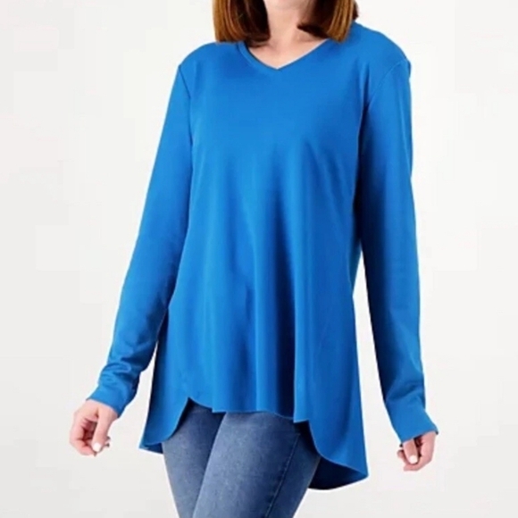 Isaac Mizrahi Live! Essentials Pima Cotton V-Neck Hi-Low Hem Top Blue NWOT - Picture 1 of 8